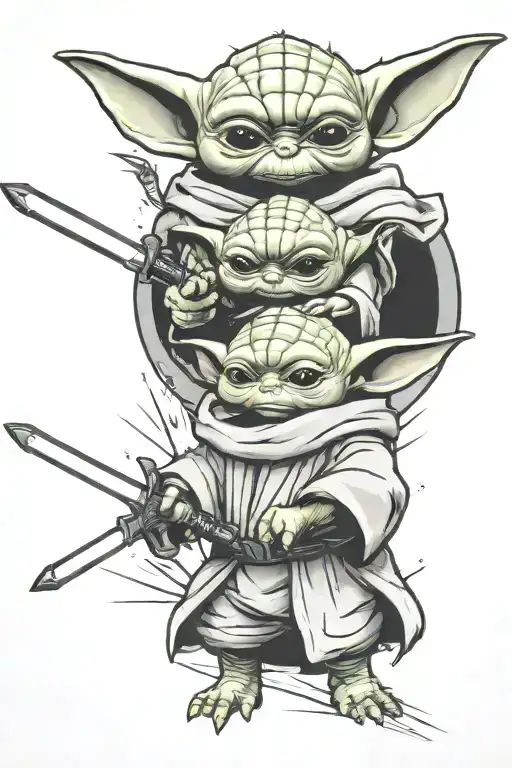 Baby Yoda And Baby Dragon Hovering Over A Light Saber And A Sword Crossed