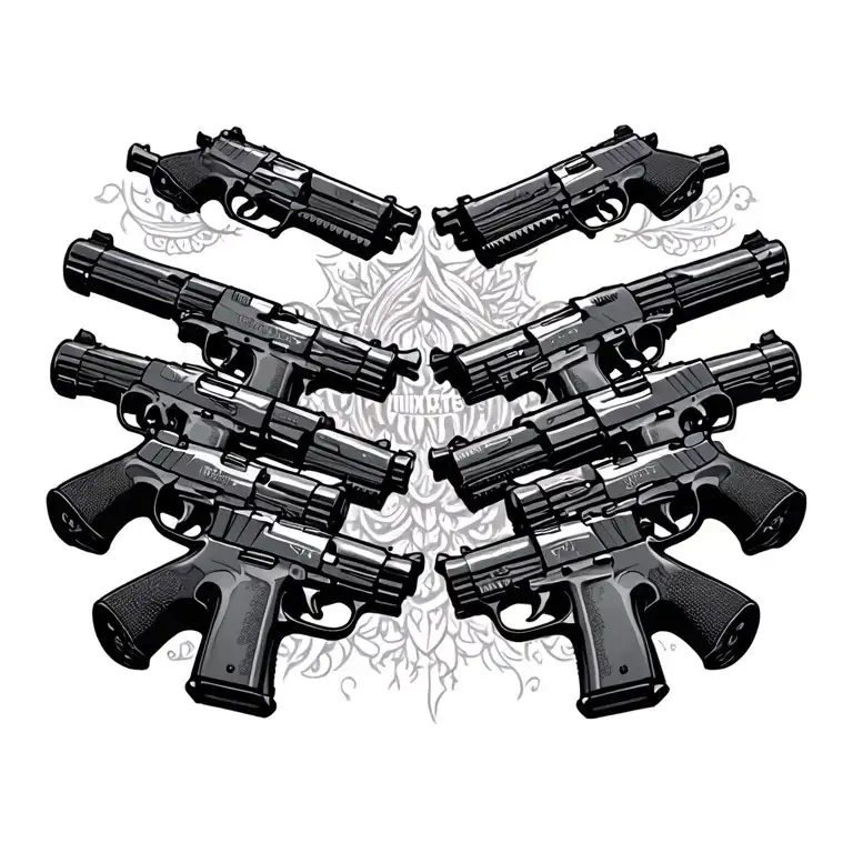 A Bunch Of Handguns On The Chest Pointed Towards The Neck Symmetrically At A Central Focal Point