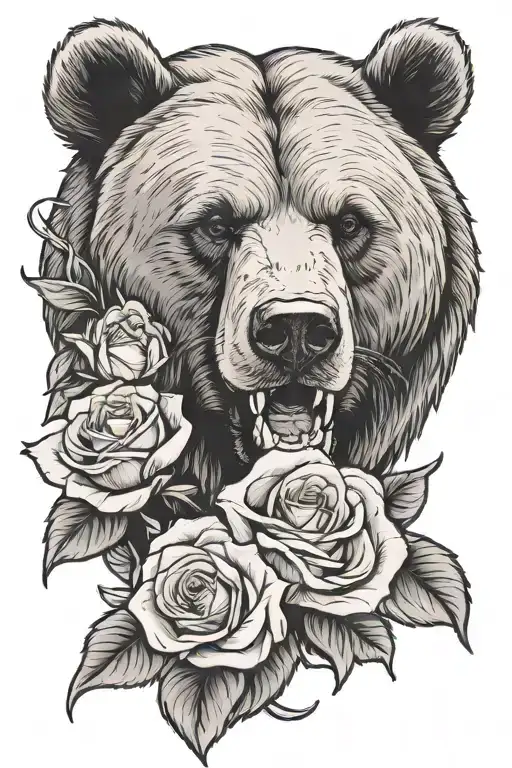 Bear Growling With Two White Roses