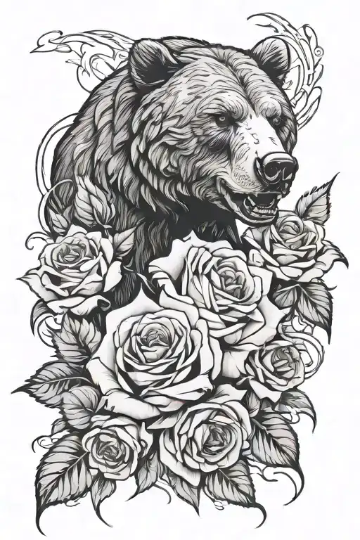 Fierce Bear Growling With Two White Roses Intertwined