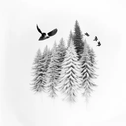 Douglas Fir Forest With 3 Birds