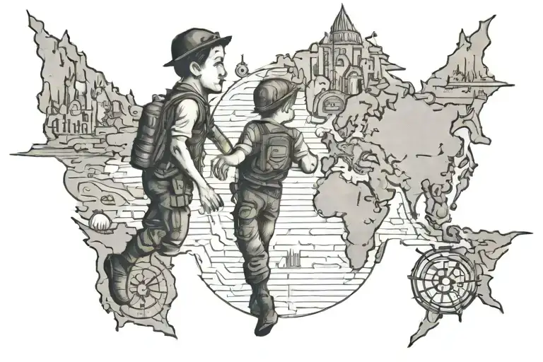 Brothers Crossing The Border And The Map In The Background