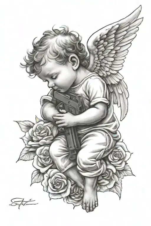 Baby Angel Sleeping Holding Gun