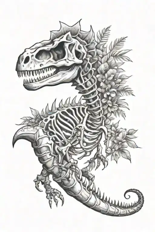 Dinosaur Skeleton With Long Tail And Plants