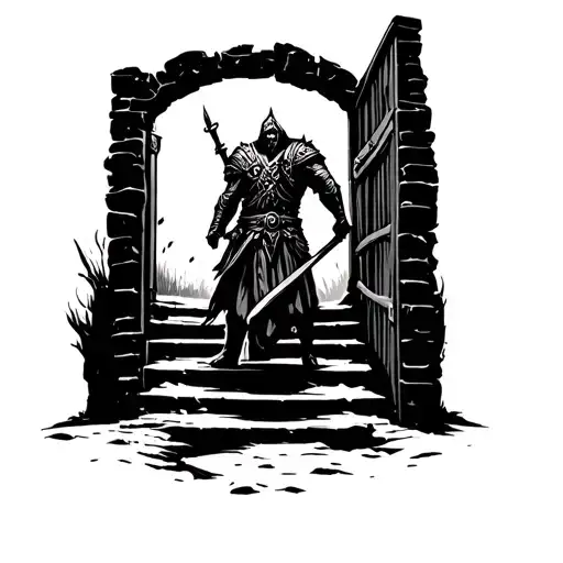Viking Warrior Silhouette Standing At The Base Of Stairs Leading To The Open Door To Valhalla