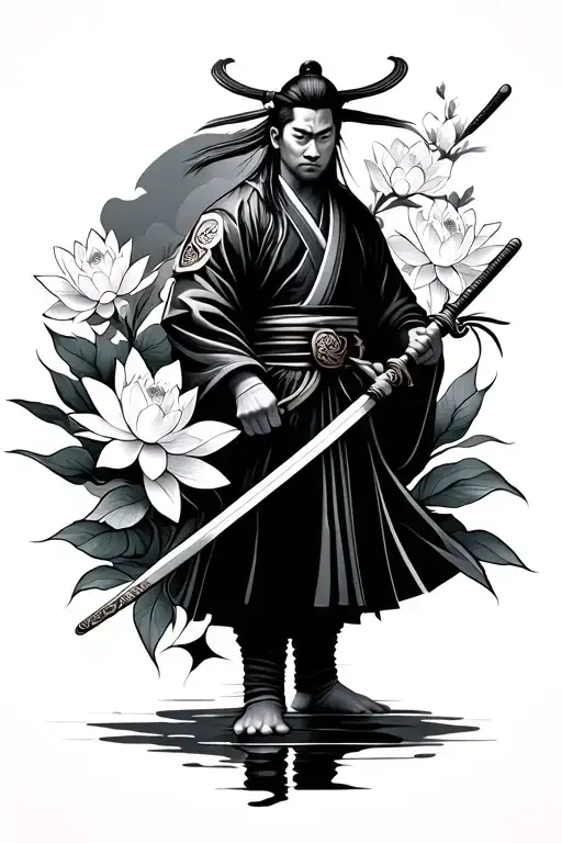 Japanese Samurai Holding Sword With Lotus Flowers And Chwrry Blossoms In The Background