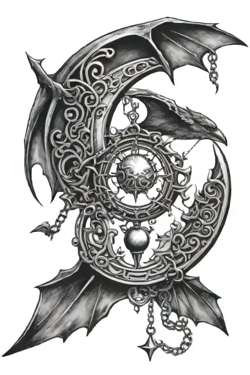 Crescent Moon With Bats And Judgment Chain On Shoulder