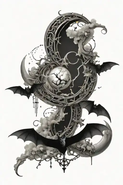 Crescent Moon With Bats Surrounding It And Judgment Chain On Shoulder