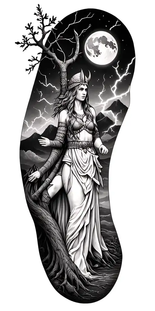 Viking Rume And Moon And Freya Goddes Tree And Lightning Bolt