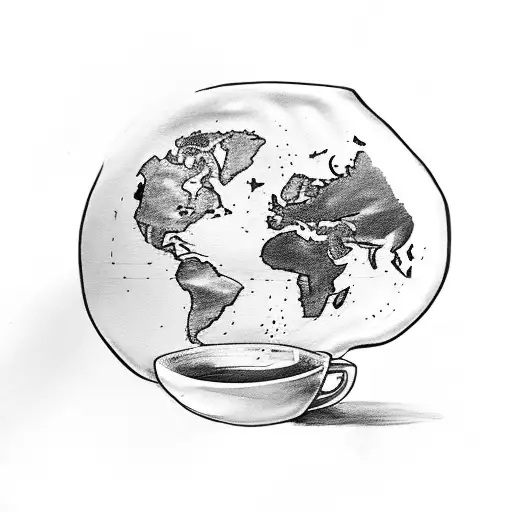 A Black-grey Sketch Of A Coffee Cup With A World Map Inside