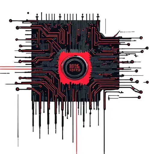 Cyberpunk Thin Line With Microchip With Circuits Divided In Red