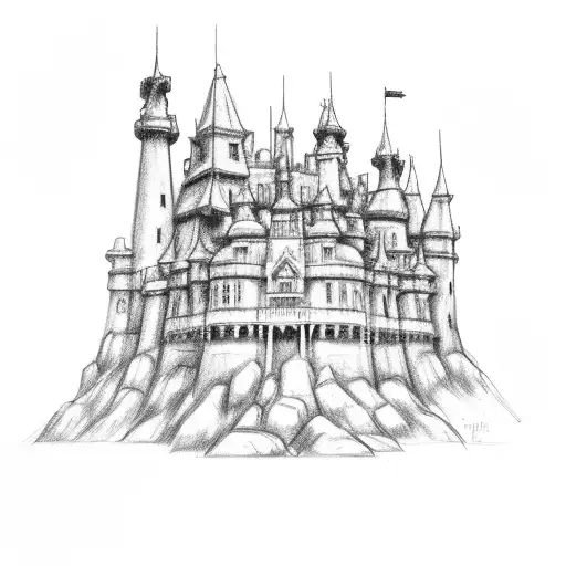 A Black And Grey Sketch Of A Pedreiro Building A Ps5 Castle Guarded By A Dragon