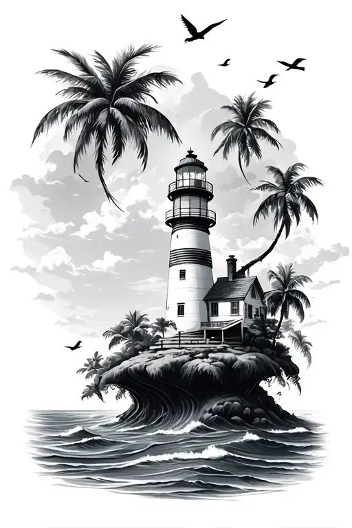 Ocean And Lighthouse On An Island With Palm Trees And Birds