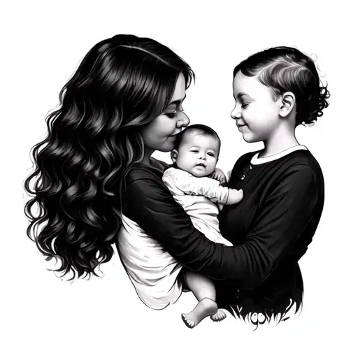 Mother Holding Baby Boy Cuddling Small Girl