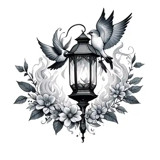 Neo Traditional Lantern With Fire Smoke Bird Flowers Leaves Mucha Inspired