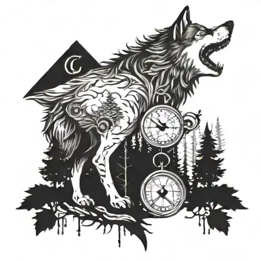 A Wolf With Semi Colon Eye Holding Dynamite And A Compass Surounded By Trees