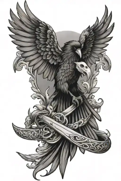 A Crow And Snake Intertwined Around A Dagger With Memento Mori Along The Birds Wing