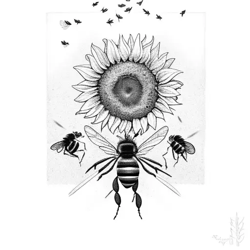 Sunflower In A Broken Light Bulb With Three Bees On Top