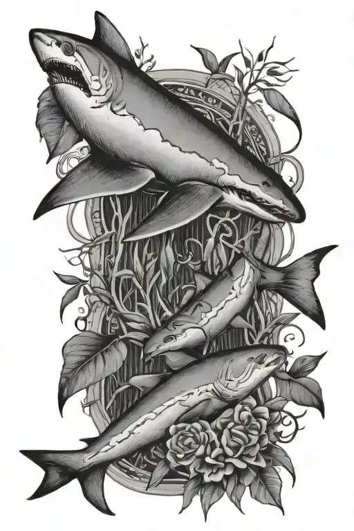 Spanish Textile With Hammer Head Shark And Willow Tree Leaves