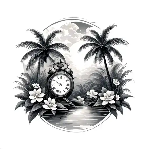 Palm Trees With Flowers And A Clock