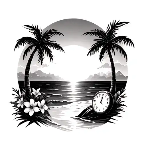 A Beach With Palm Trees And Flowers And The Sun Setting And A Clock As The Sun