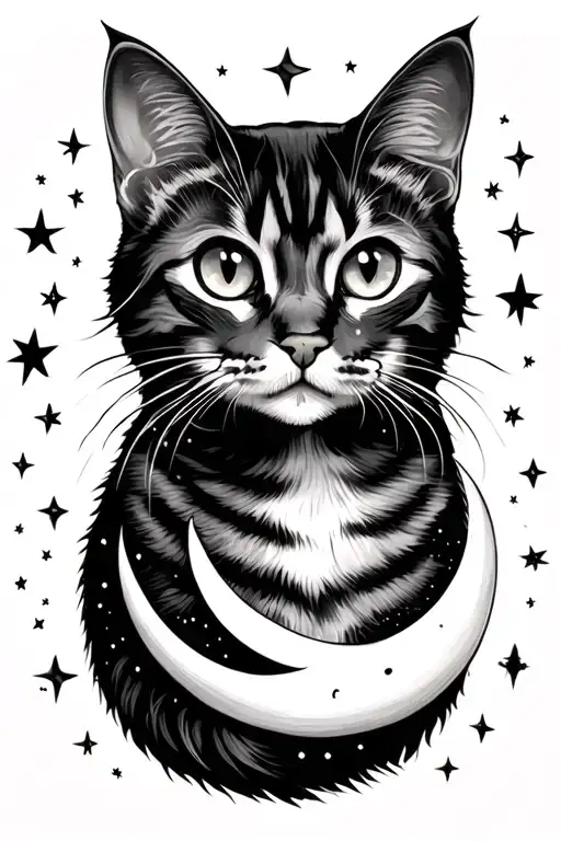 Cat And Moon Surrounded By Stars