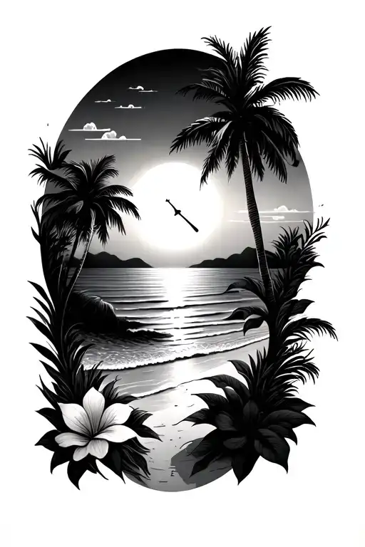 A Beach With Palm Trees And Flowers And The Sun Setting And A Clock As The Sun