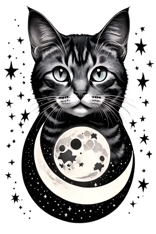 Cat And Moon Surrounded By Stars