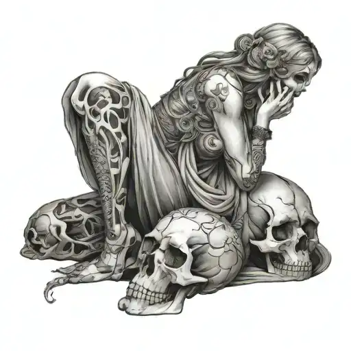 Full Body Beautiful Goddess Cuddling With A Skull