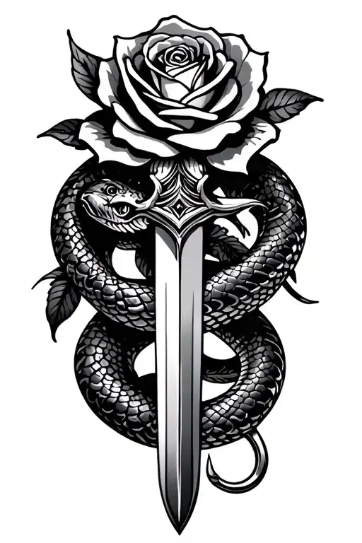 Snake And Sword With Fish Hook Rose Surrounded