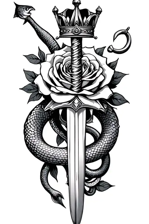 Snake And Sword With Fish Hook Rose Surrounded With A Kings Crown