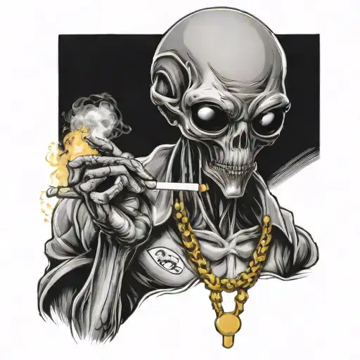 Alien Smoking Joint Wearing Shirt With Pockets Having Gold Chain Caunting Money Dolars