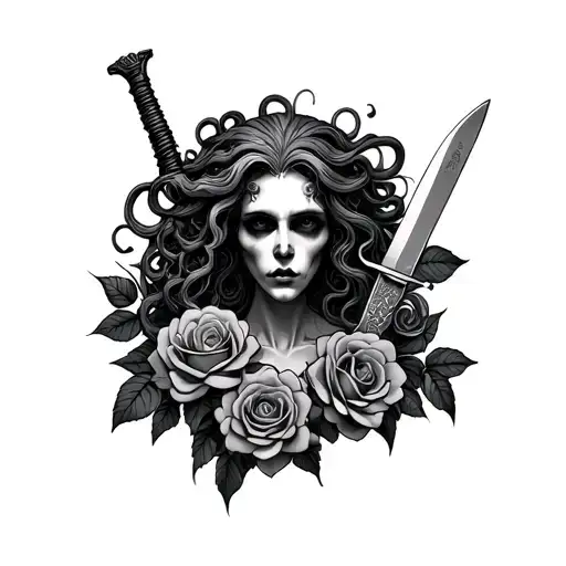 Medusa Holding A Knife Surrounded With Roses