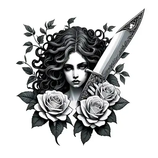 Medusa Holding A Knife Surrounded With Roses Growing