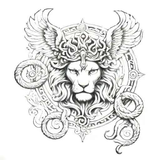 Hermes Greek God Front Of Lion Face Wings Symetrical Snakes