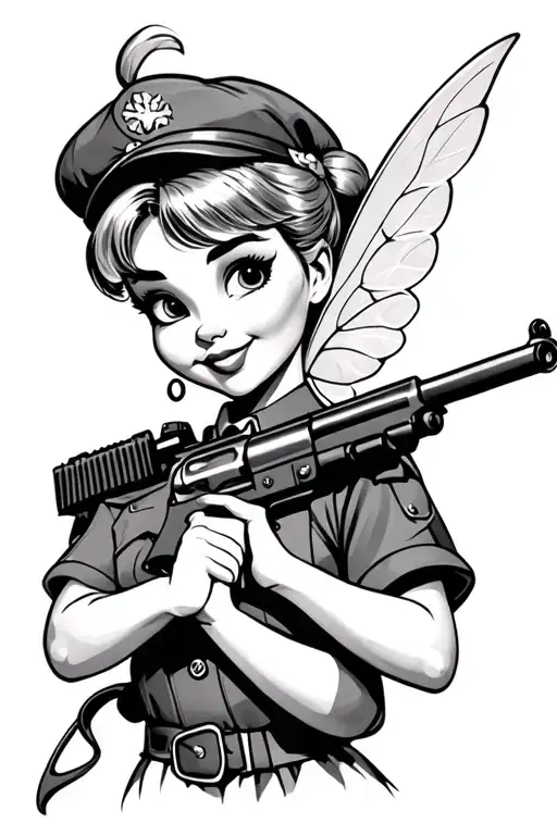 Disney's Tinkerbell Holding Www2 Gun With Ammo And Uniform Whilst Still Looking Innocent And Cute