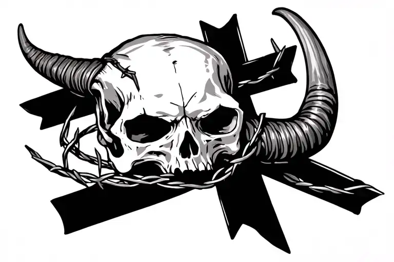 Long Horn Skull With Barbed Wire Wrapped Around A Cross