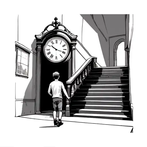 A Boy Walking Up To Stairs Going Into A Clock