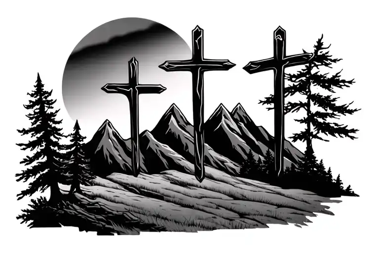 3 Crosses With Mountains Trees And Sun In Background