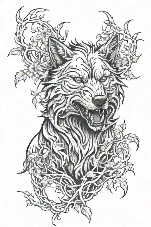 Wolf Cerberus Body With Wendigo Head Sourounded By Vines And Thorns