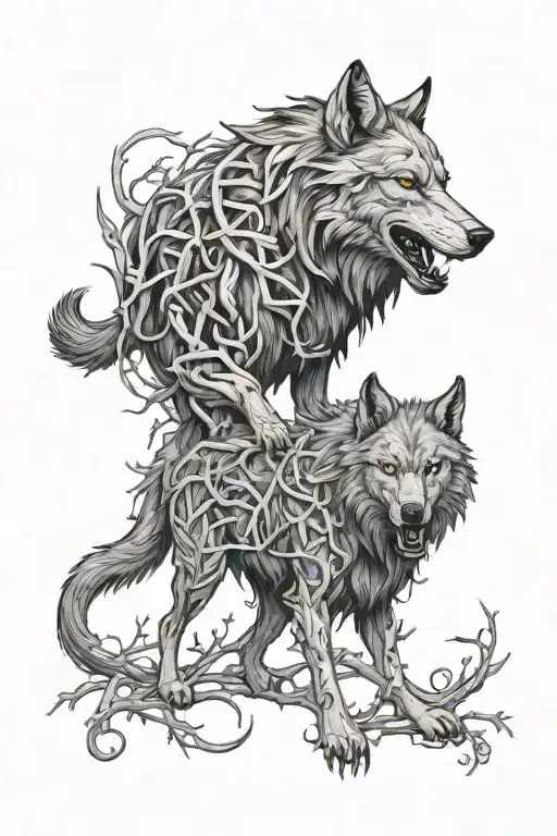Wolf Cerberus Body With Wendigo Head Sourounded By Vines And Thorns