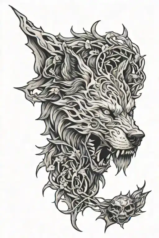 Wolf Cerberus Body With Wendigo Head Sourounded By Vines And Thorns