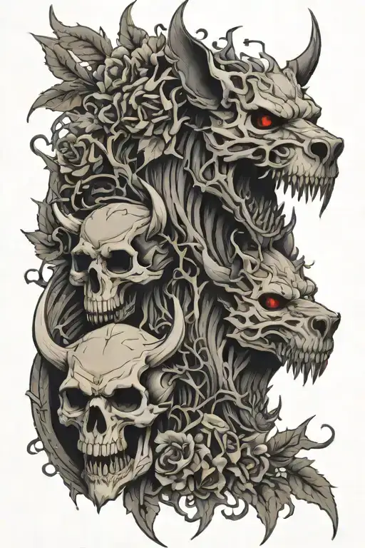 Cerberus And Wendigo Skull With Vines And Thorns
