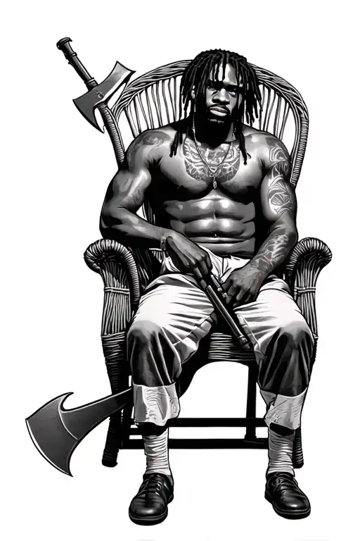Black Male With Dread Sitting In A Wicker Chair With A Sniper And Axe
