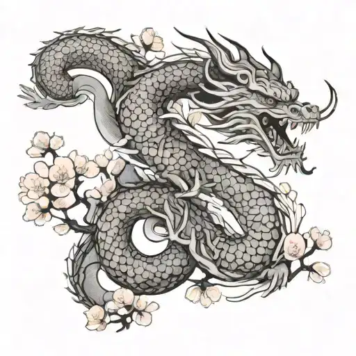 A Majestic Japanese Dragon Coiled Protectively Around A Small Cherry Blossom Tree Symbolizing You