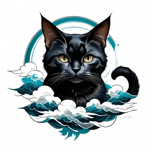 Dark Cat Tattoo With Japanese Clouds