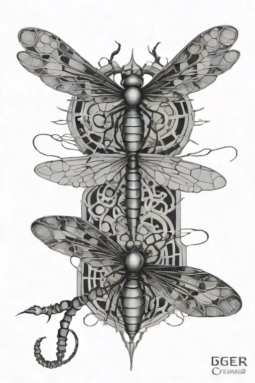 Dragonfly Giger Style Design Combining Elements Hexagons