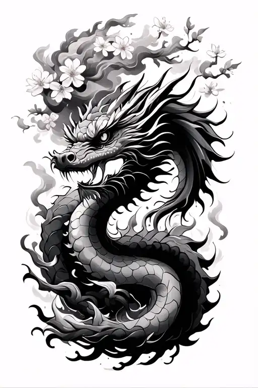 Chinese Dragon Coming Out Of Smoke With Cherry Blossom In The Background For Man