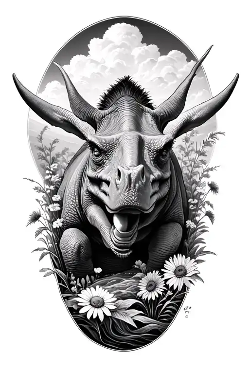 Our Embryo Picture Used As Body Of Triceratops Among Wildflowers And Ocean Waves