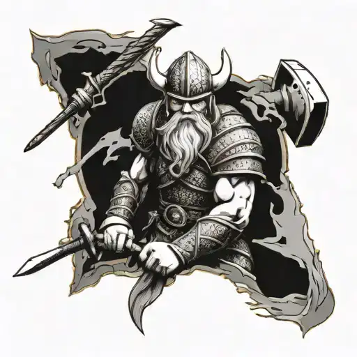 Viking Warrior Make A Strike With A Hammer